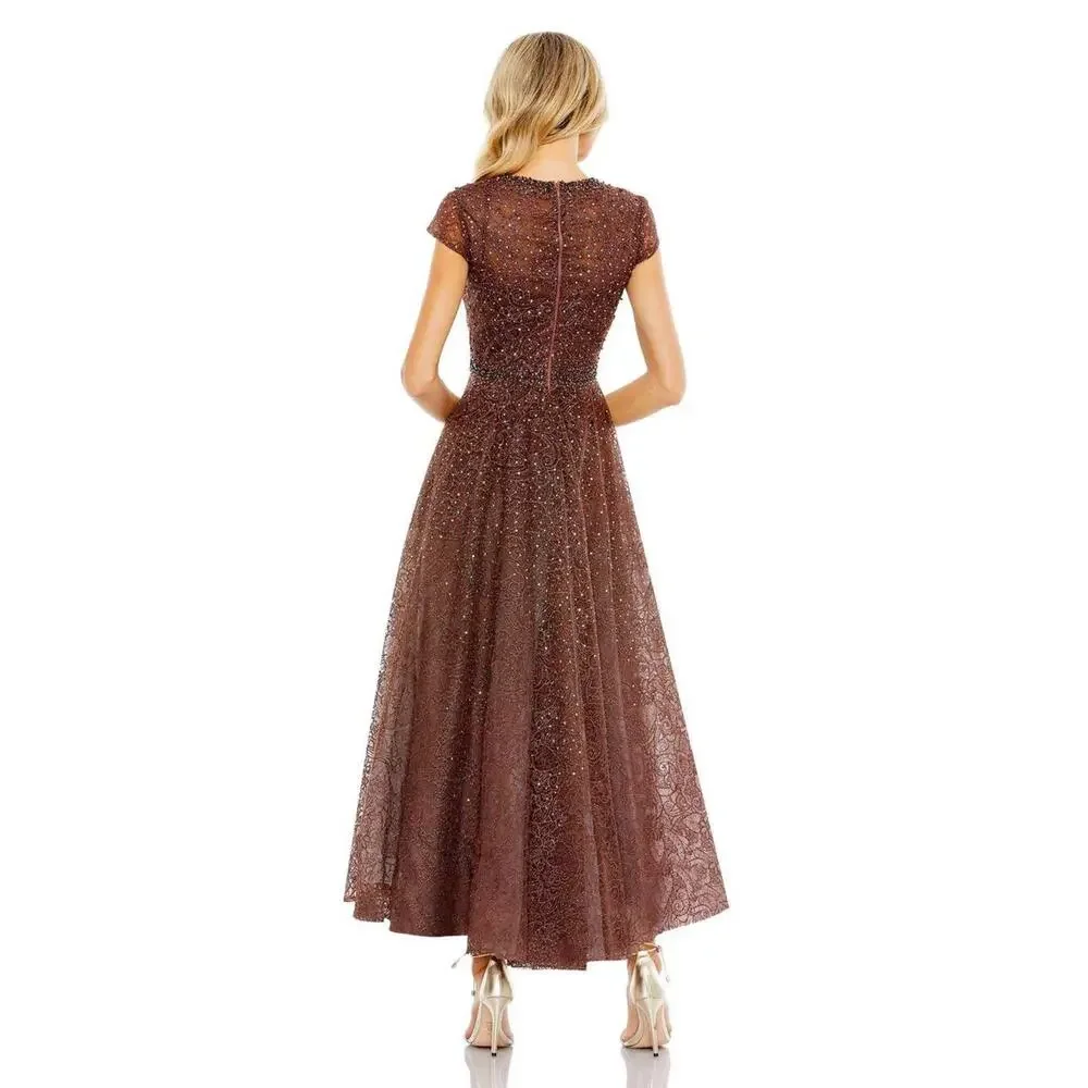 New Mac Duggal 20371 Embellished Cap Sleeve A Line Dress In Chocolate Sz8 $698 - Picture 2 of 10